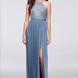 David’s Bridal steel blue metallic dress